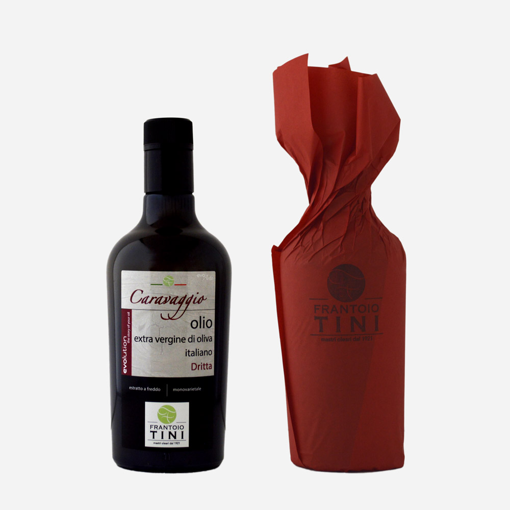 Bottiglia da 500ml di Olio Extravergine di Oliva Caravaggio Monocultivar Dritta estratto a freddo - Frantoio Tini.