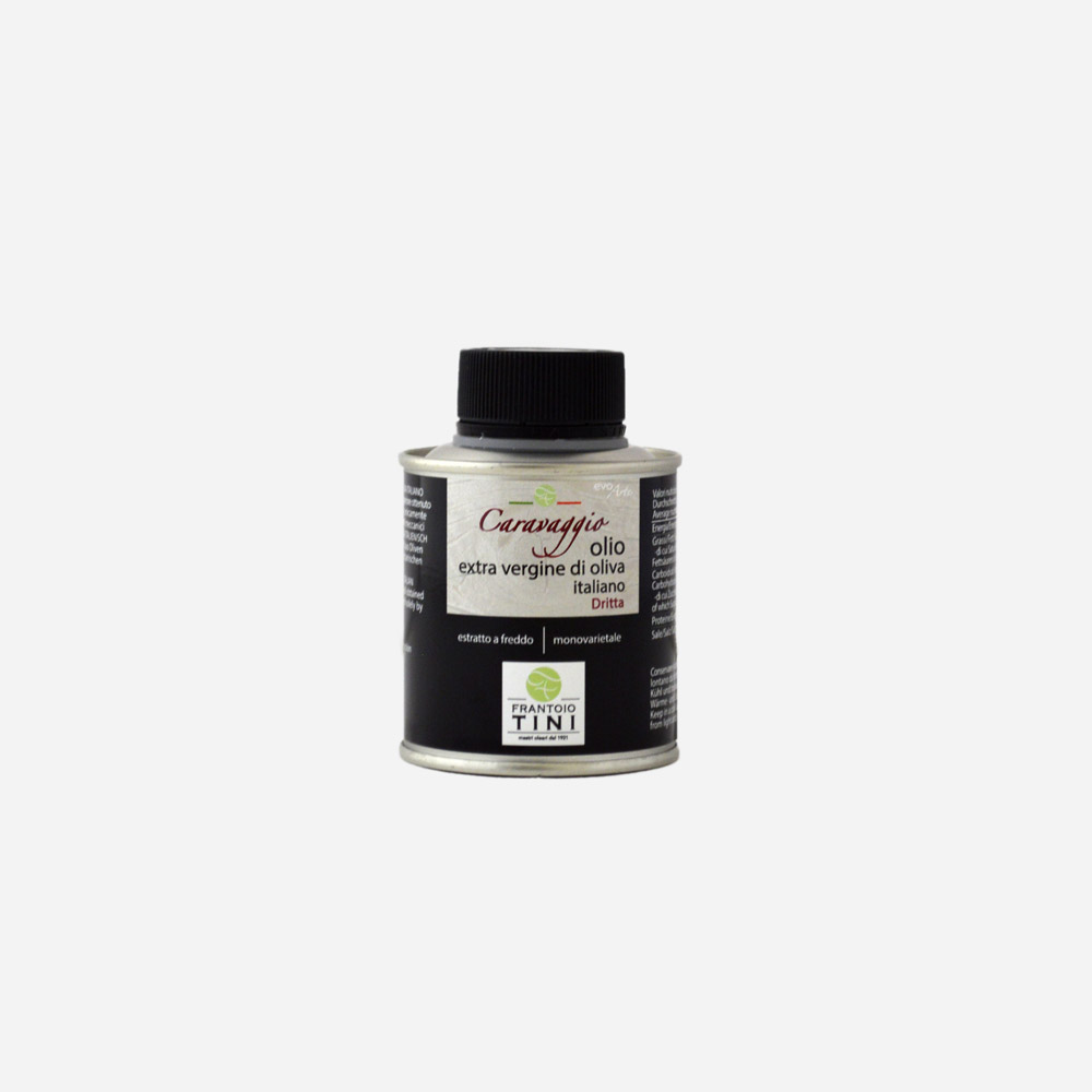 Cilindro da 100ml di Olio Extravergine di Oliva Caravaggio Monocultivar Leccino estratto a freddo - Frantoio Tini.