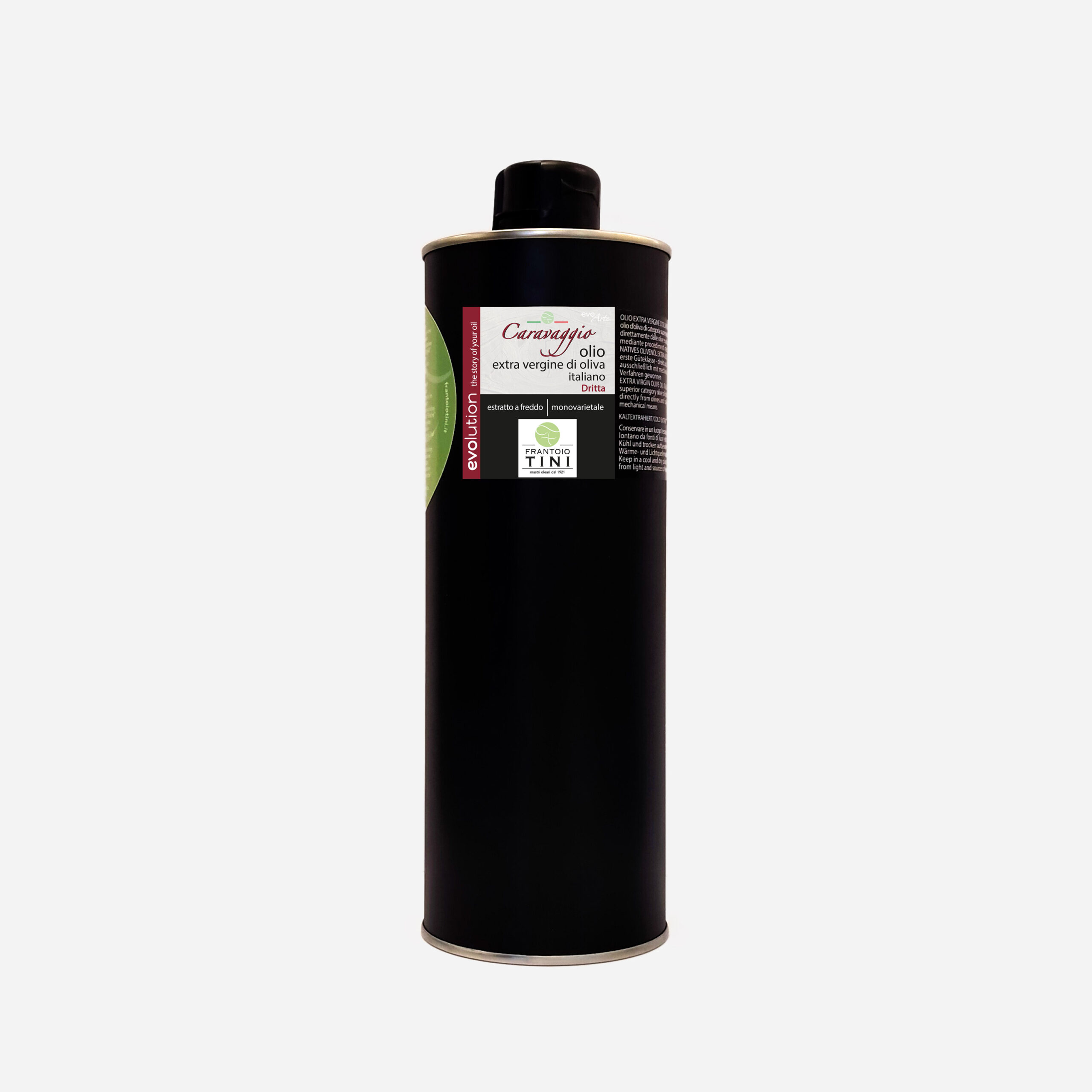 Lattina da 1L di Olio Extravergine di Oliva Caravaggio Monocultivar Dritta estratto a freddo - Frantoio Tini.