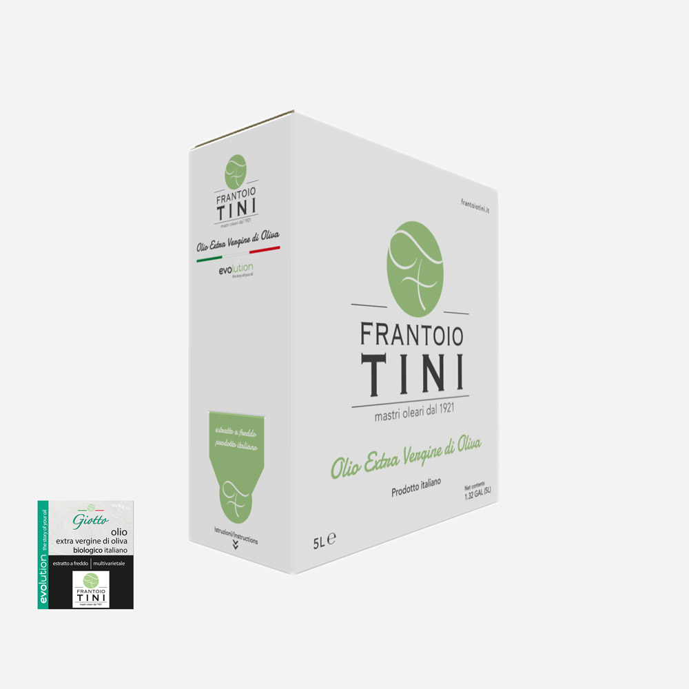 Bag in Box da 5 L di Olio Extravergine di Oliva Giotto Multicultivar Bio estratto a freddo - Frantoio Tini.