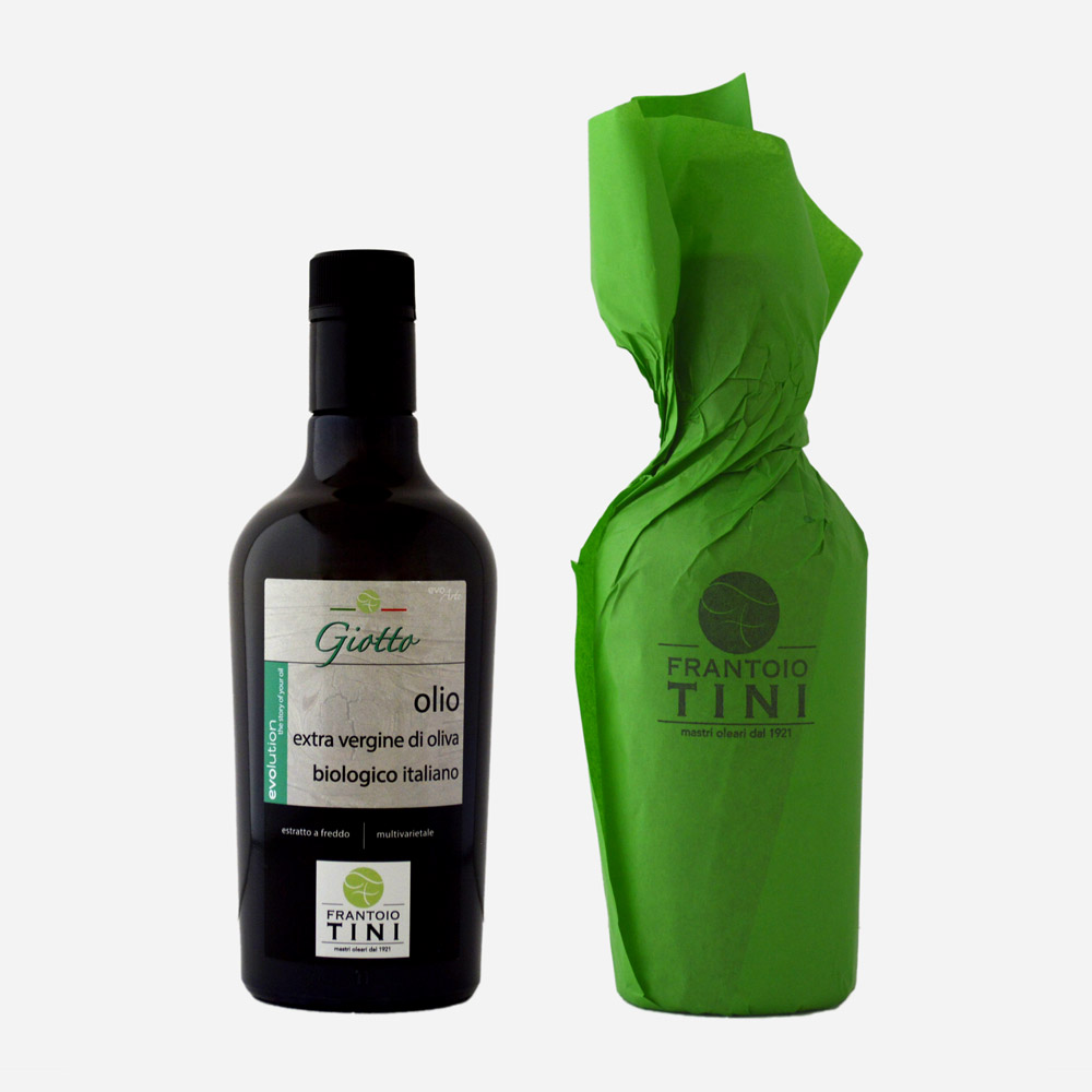 Bottiglia da 500 ml di Olio Extravergine di Oliva Giotto Multicultivar Bio estratto a freddo - Frantoio Tini.