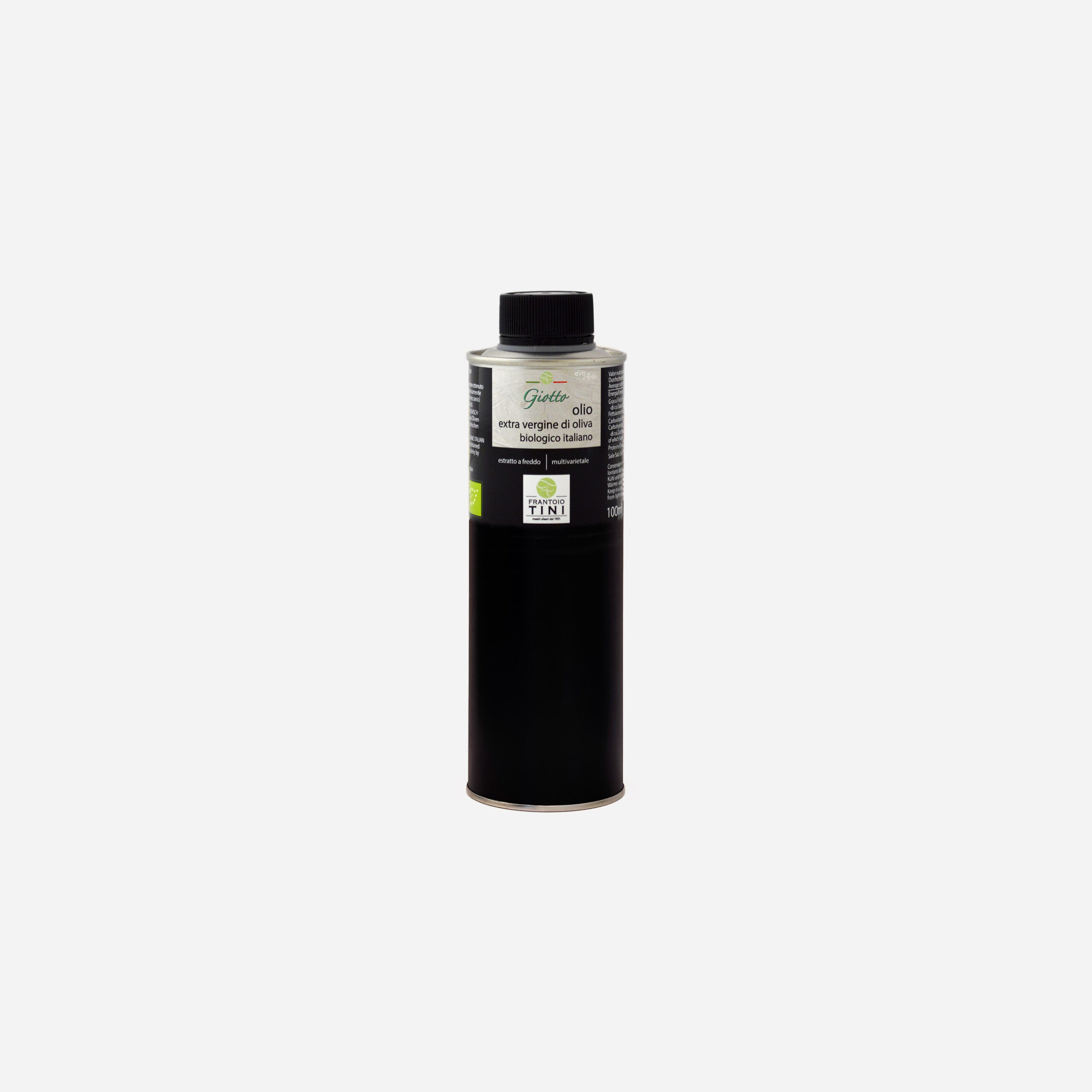 Cilindro da 250ml di Olio Extravergine di Oliva Giotto Multicultivar Bio estratto a freddo - Frantoio Tini.