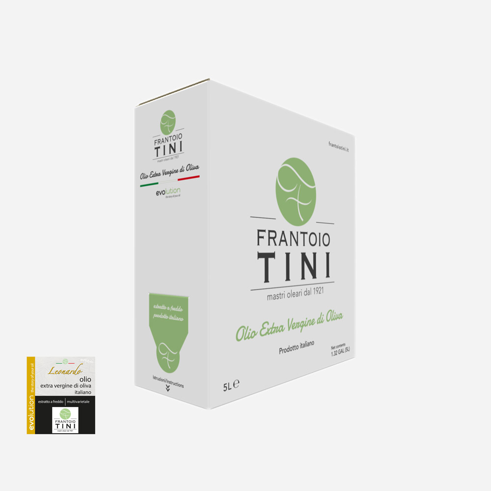 Bag in Box da 5 L di Olio Extravergine di Oliva Leonardo Multicultivar estratto a freddo - Frantoio Tini.