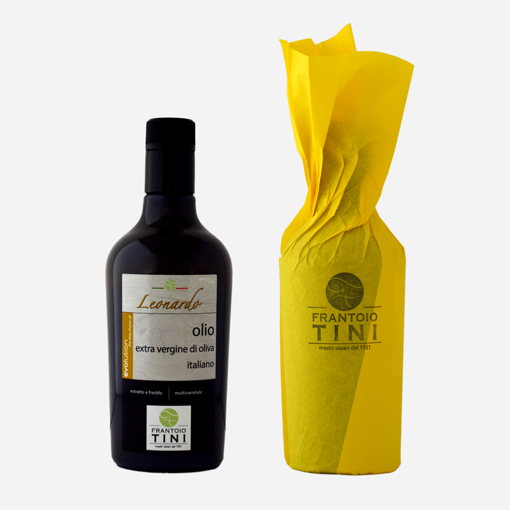 Bottiglia da 500 ml di Olio Extravergine di Oliva Leonardo Multicultivar estratto a freddo - Frantoio Tini.