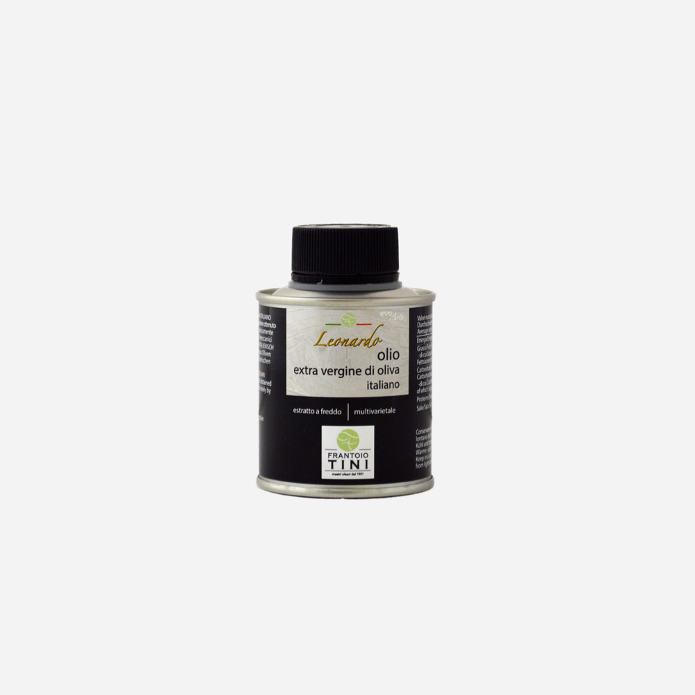 Cilindro da 100ml di Olio Extravergine di Oliva Leonardo Multicultivar estratto a freddo - Frantoio Tini.