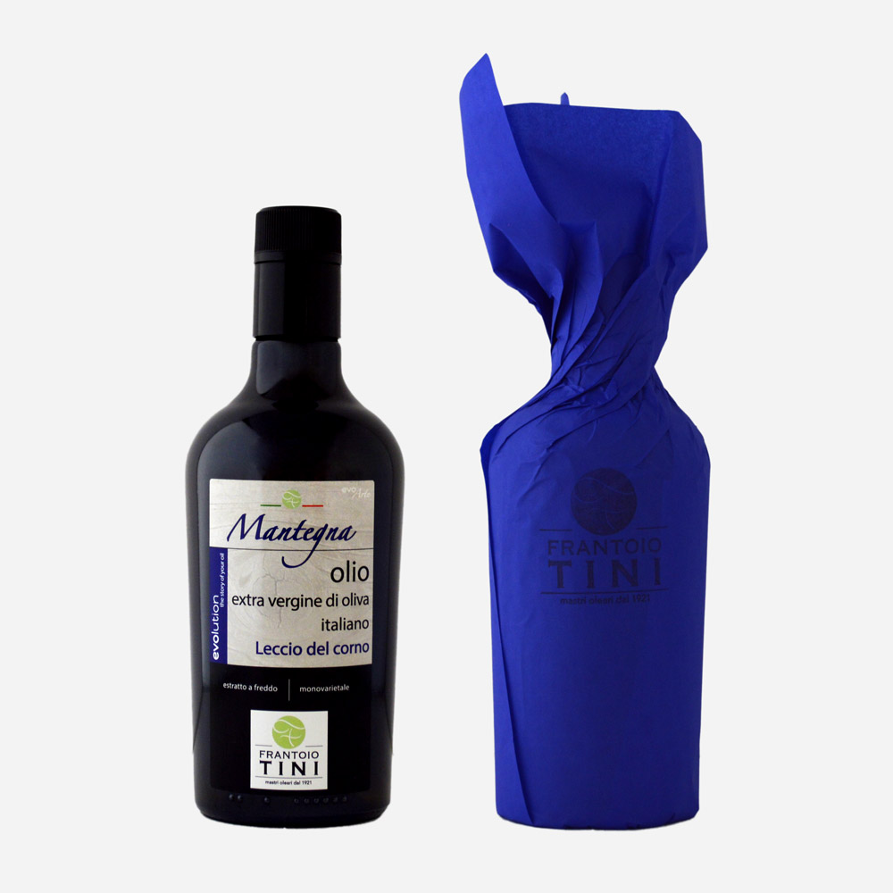 Bottiglia da 500ml di Olio Extravergine di Oliva Mantegna Monocultivar Leccio del Corno estratto a freddo - Frantoio Tini.