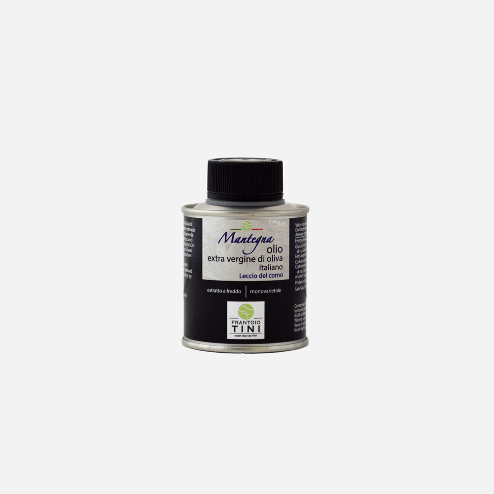 Cilindro da 100ml di Olio Extravergine di Oliva Mantegna Monocultivar Leccio del Corno estratto a freddo - Frantoio Tini.