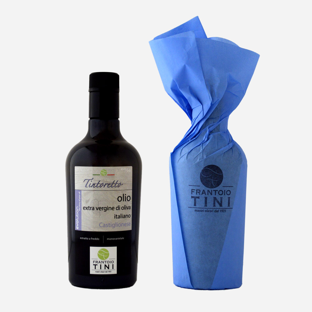 Bottiglia da 500ml di Olio Extravergine di Oliva Tintoretto Monocultivar Castiglionese estratto a freddo - Frantoio Tini.