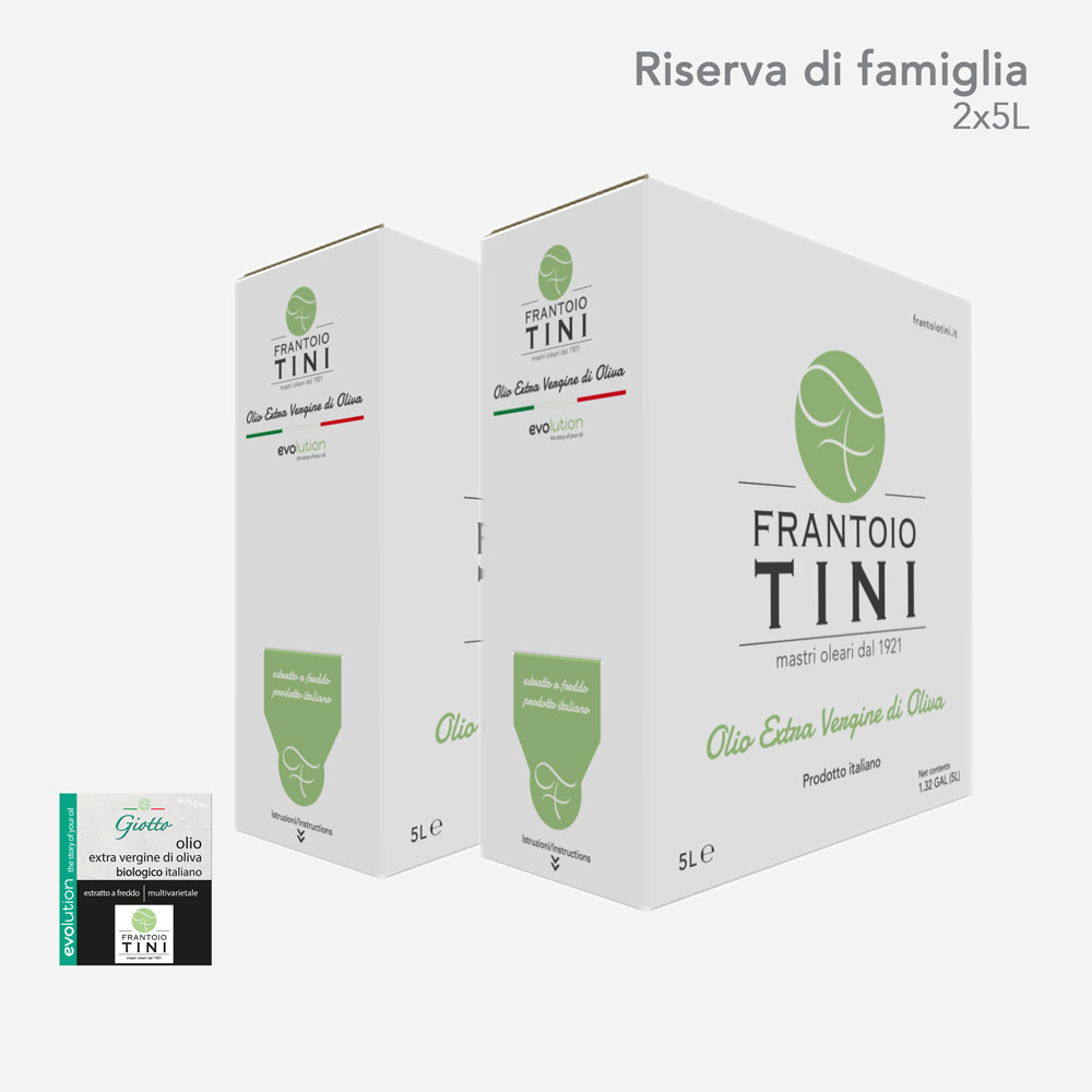 2 x Bag in Box da 5 L di Olio Extravergine di Oliva Giotto Multicultivar Bio estratto a freddo - Frantoio Tini.
